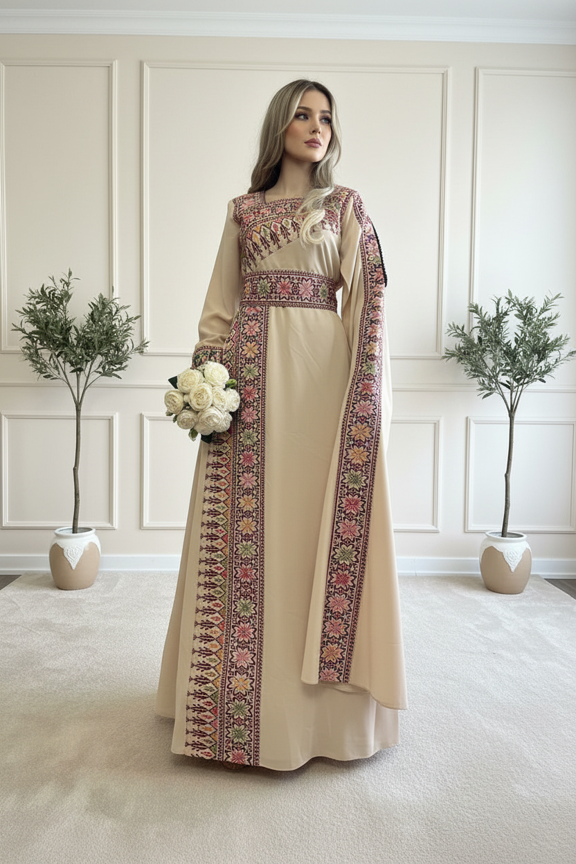 The Jerusalem Thobe - Beige Tatreez One Shoulder Embroidery Palestinian Thobe