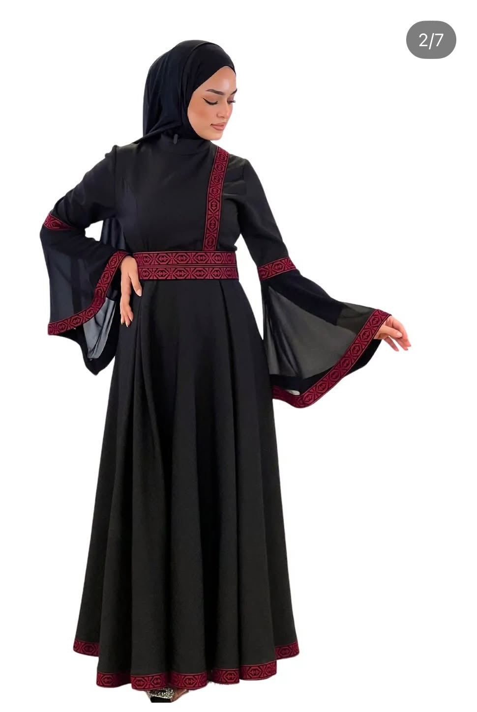 The Renad Thobe - Black & Red With Flare Long Sleeve Modern Dress Thobe