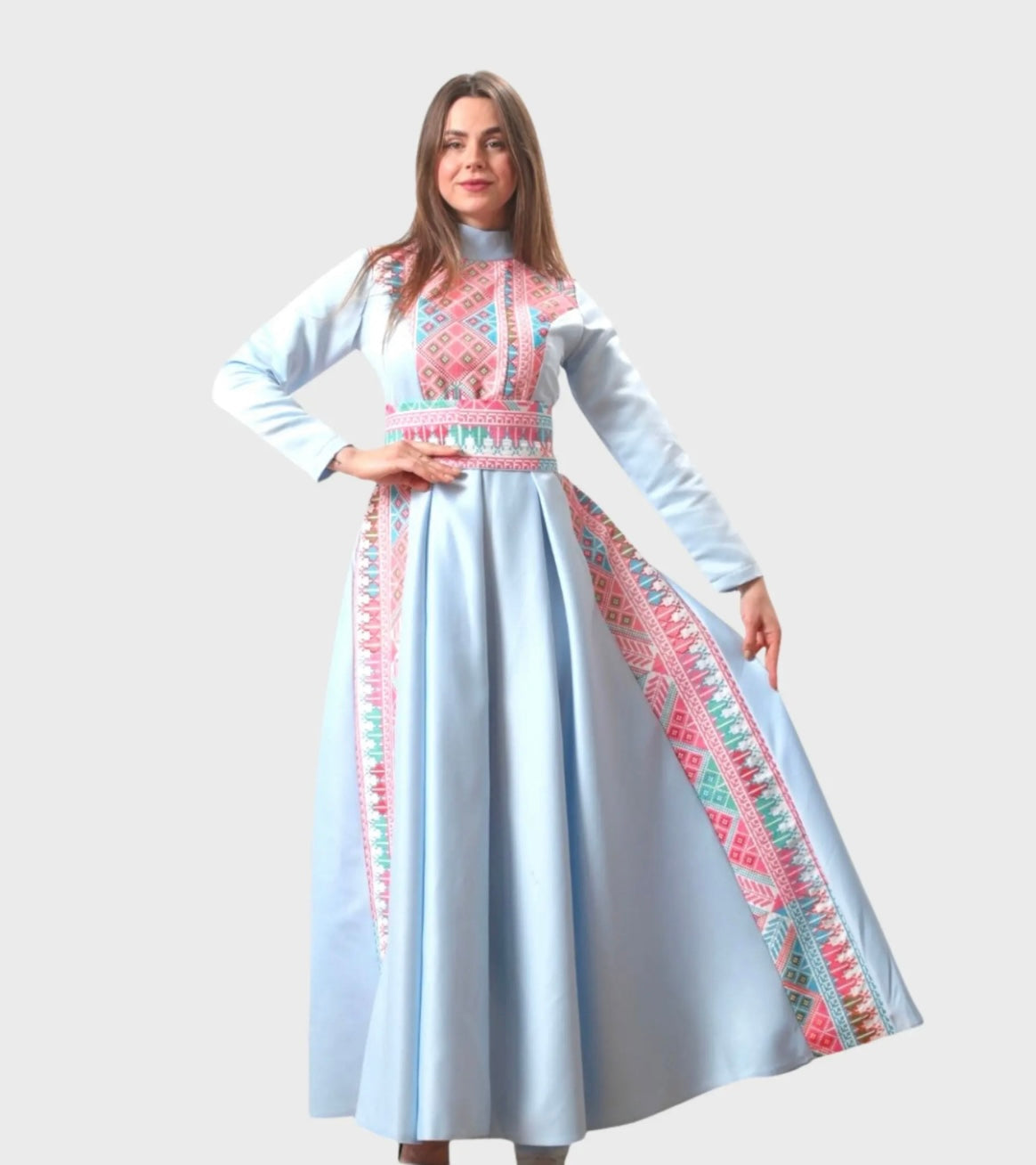 The Rola Thobe - Blue Satin with Pink Tatreez Modern Dress Thobe - High Neck