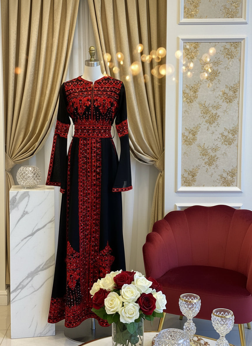 Al Khalili Thobe - Black & Red Long Sleeve Full Embroidered Palestinian Thobe/Dress (3 pieces)