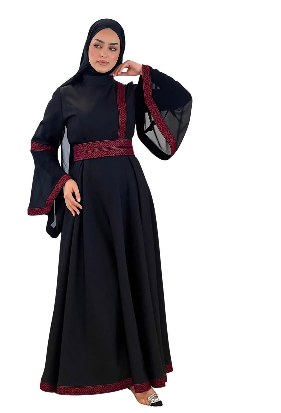 The Renad Thobe - Black & Red With Flare Long Sleeve Modern Dress Thobe