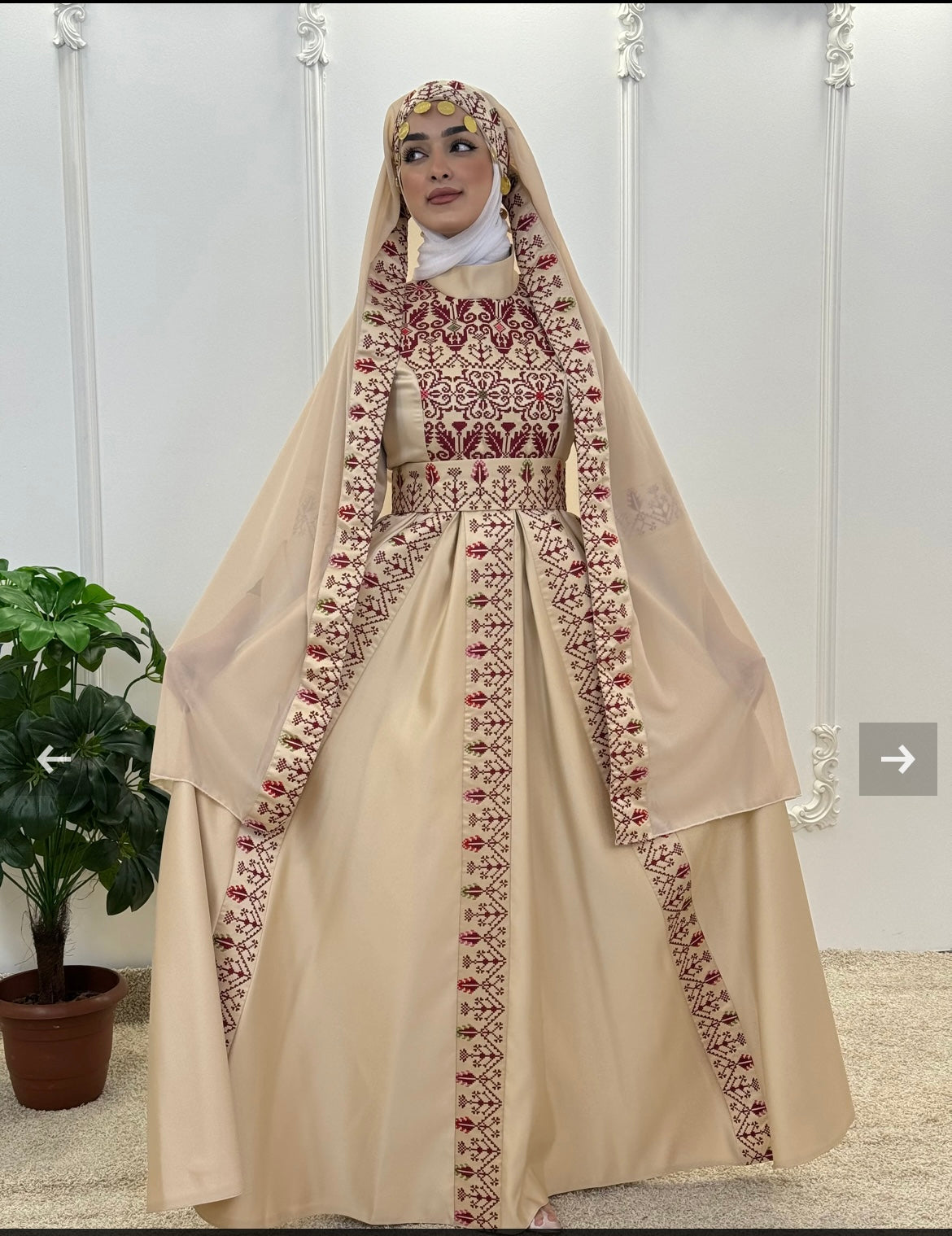 The Raeda Thobe - Beige & Burgundy With Extra Long Sleeve Modern Dress Thobe