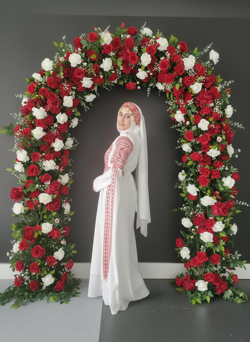 Al Tulkarem Thobe - Bridal White & Red Extra Long Sleeve Full Embroidered Palestinian Thobe (3 pieces)