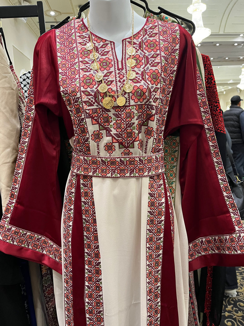 The Poppy Flower Thobe - Burgundy With Flowers & Sparkle Traditional Long Sleeve Full Embroidered Palestinian Thobe/Dress
