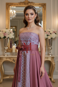 Rafah - Pink & White Modern Strapless Full Tatreez Thobe ( 4 Pieces)