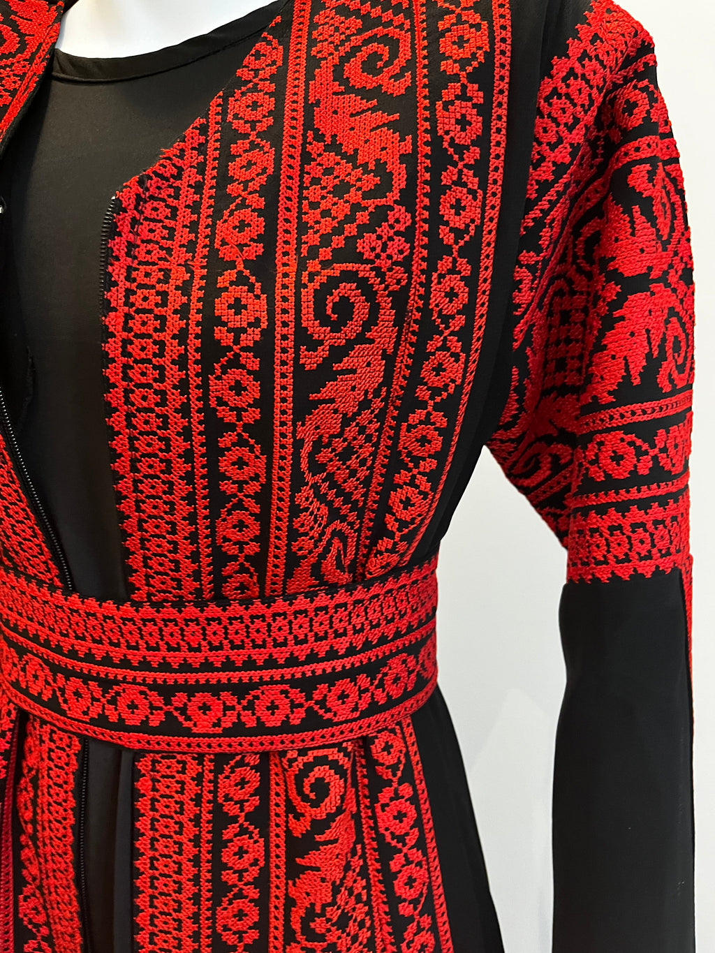 Al Tulkarem Thobe - Black & Red Extra Long Sleeve Full Embroidered Palestinian Thobe (3 pieces)