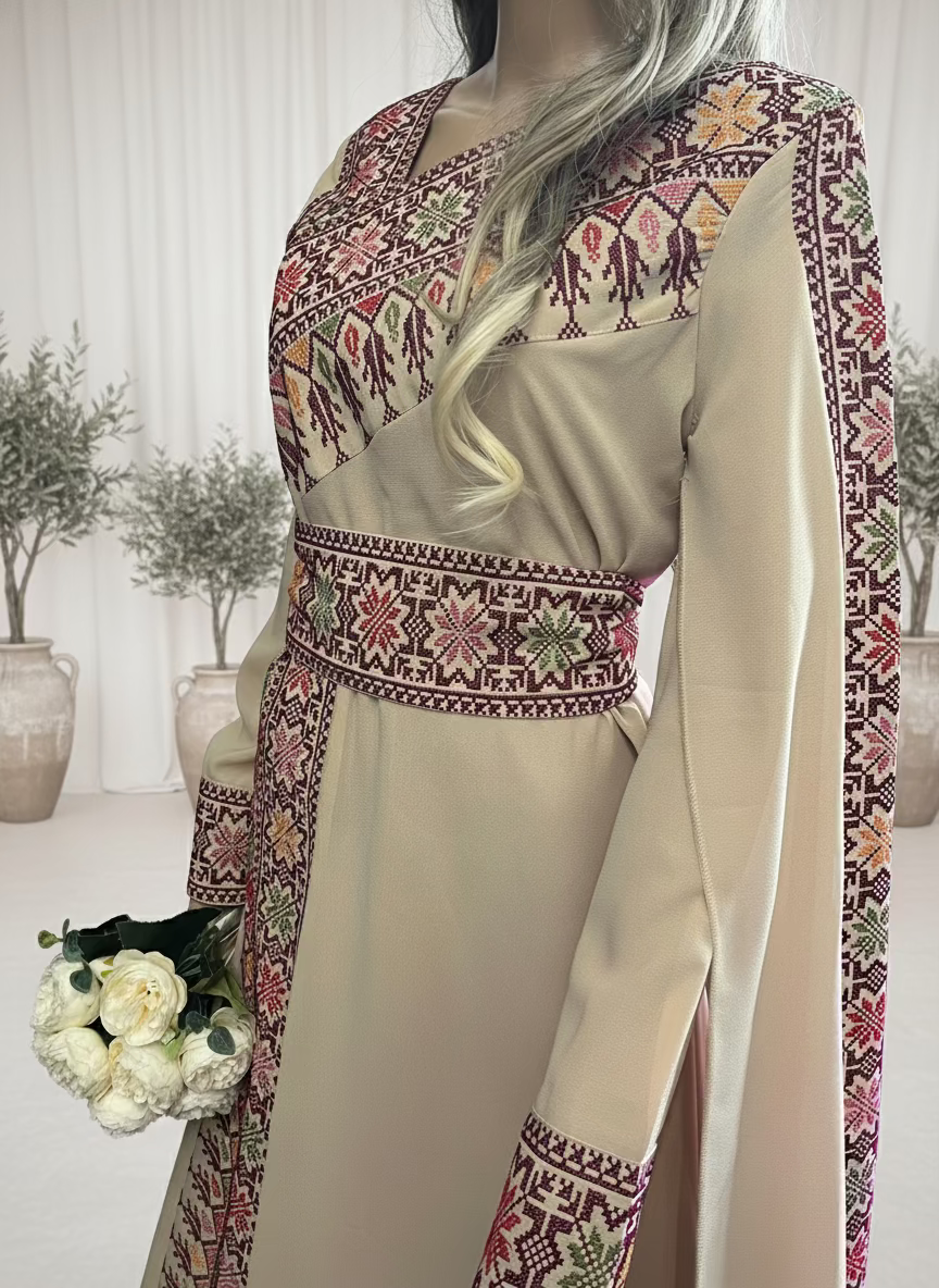 The Jerusalem Thobe - Beige Tatreez One Shoulder Embroidery Palestinian Thobe