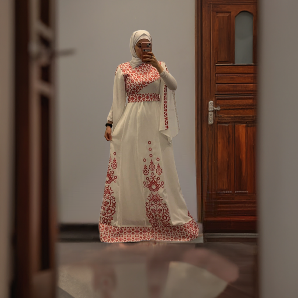 White Essence Thobe - White & Red Tatreez Thobe