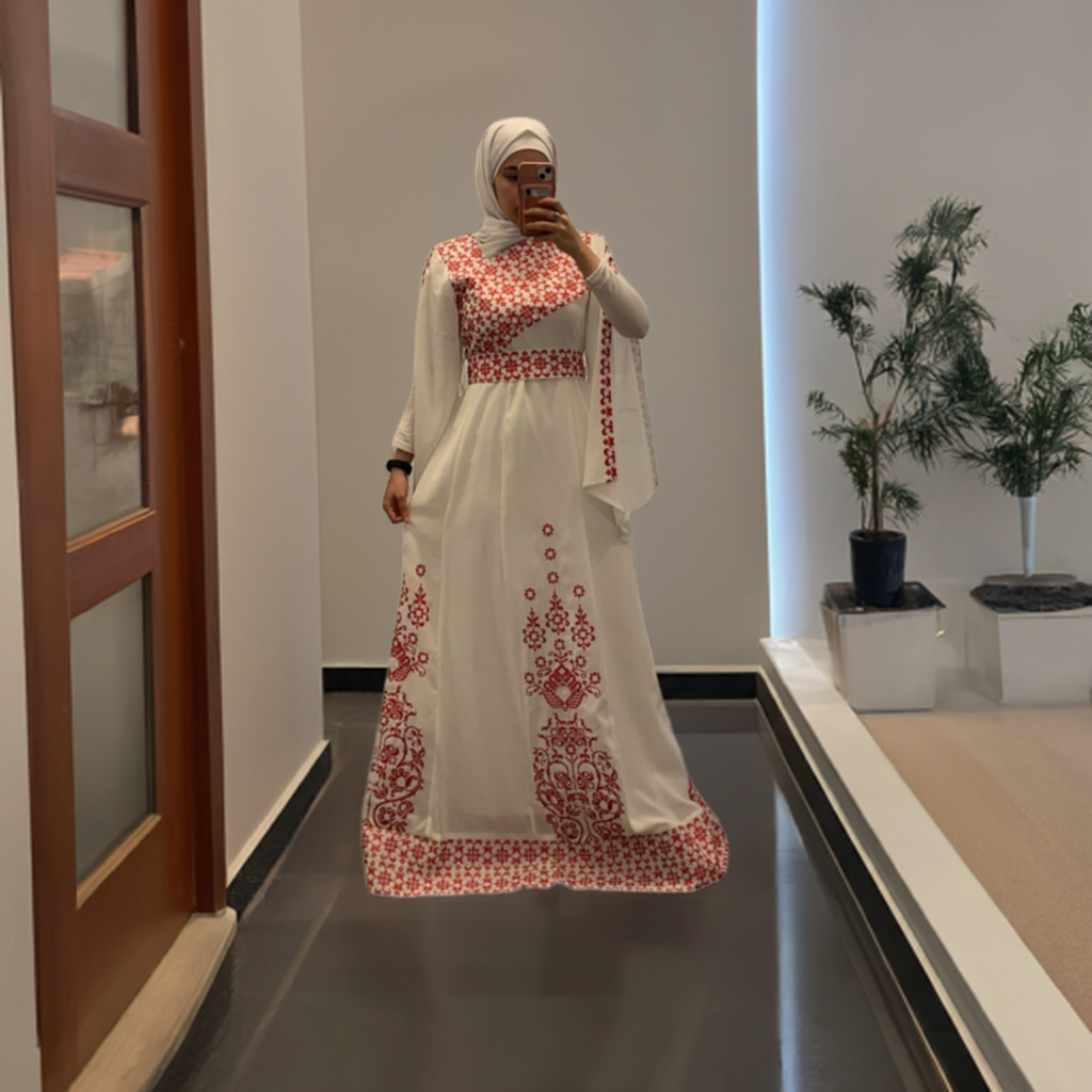 White Essence Thobe - White & Red Tatreez Thobe