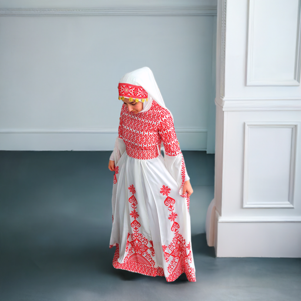 Bridal White & Red Thobe with Full Embroidered Top With Extra long Sleeves