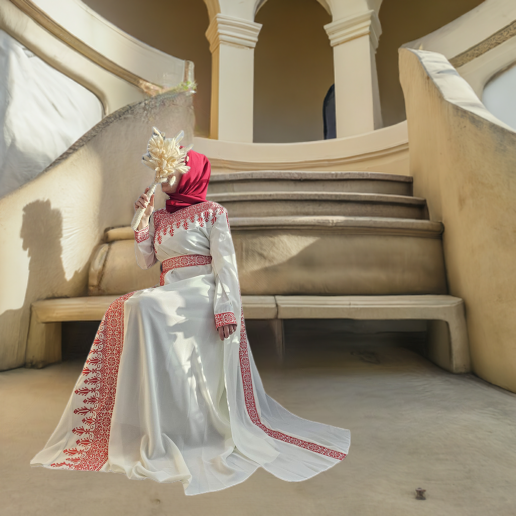 Al Jerusalem Thobe - White & Red Tatreez One Shoulder Embroidery Palestinian Thobe - ( No Veil )