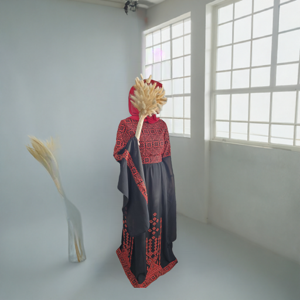Al Ramallah Thobe - Red & Black Full Embroidery Palestinian Thobe with Extra Long Sleeves