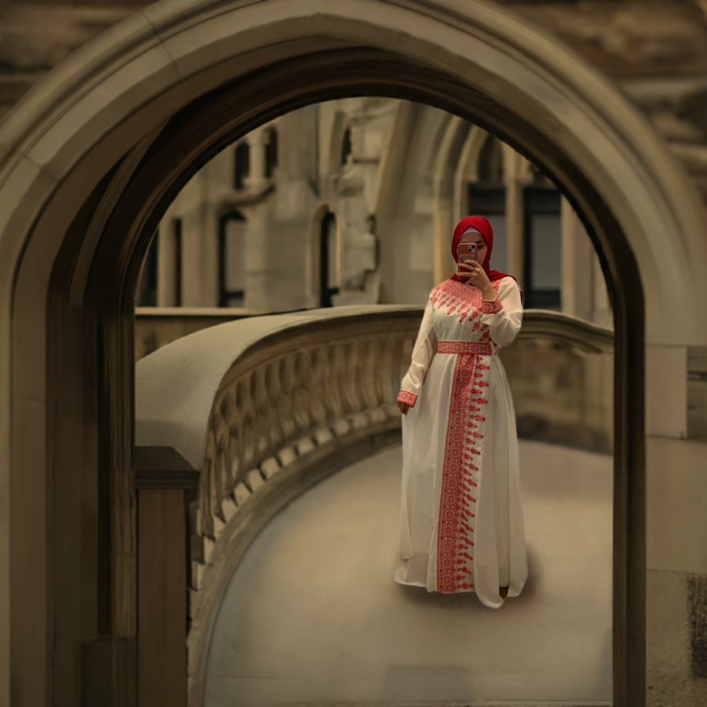 Al Jerusalem Thobe - White & Red Tatreez One Shoulder Embroidery Palestinian Thobe - ( No Veil )