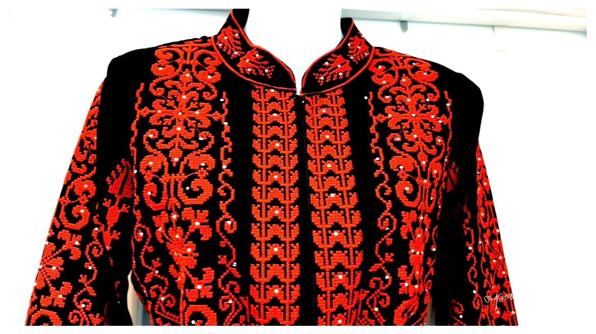 The Gaza Thobe - Red & Black Extra Long Sleeves Full Top Embroidery & Zipper Thobe (3 pieces)