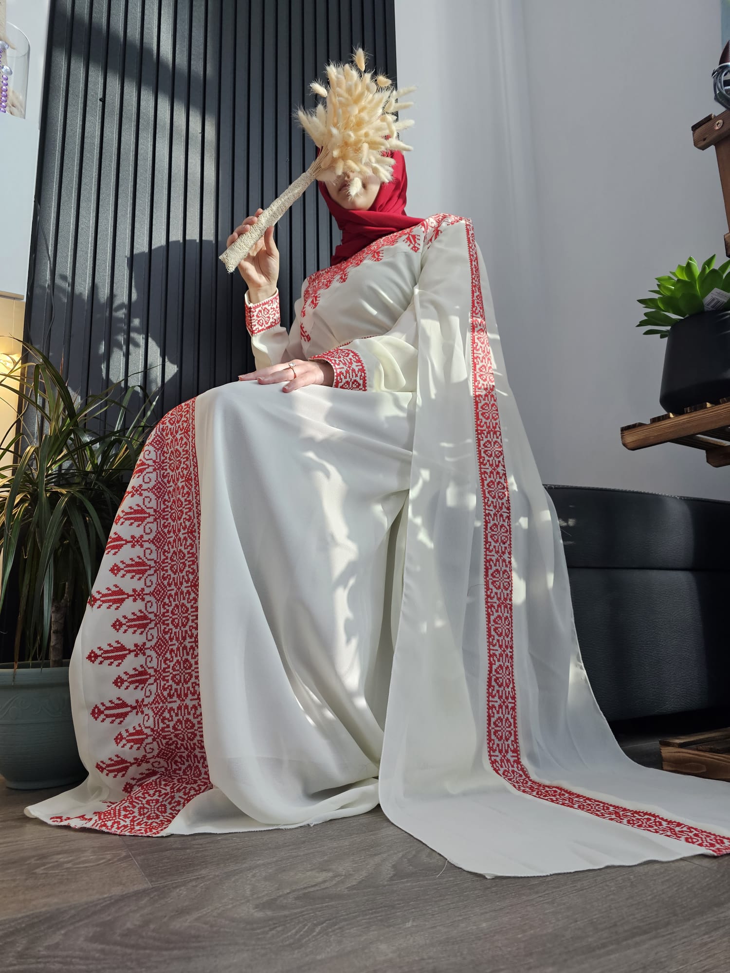Al Jerusalem Thobe - White & Red Tatreez One Shoulder Embroidery Palestinian Thobe - ( No Veil )