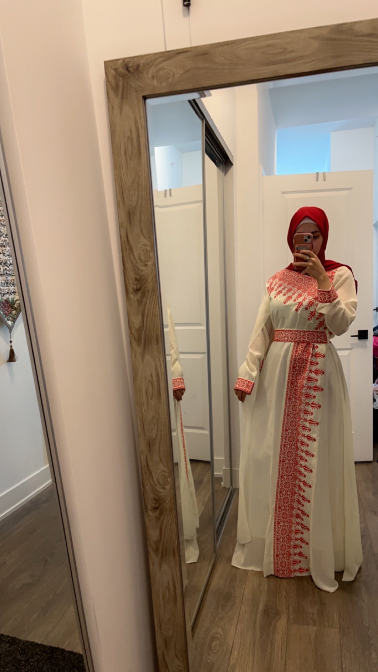 Al Jerusalem Thobe - White & Red Tatreez One Shoulder Embroidery Palestinian Thobe - ( No Veil )