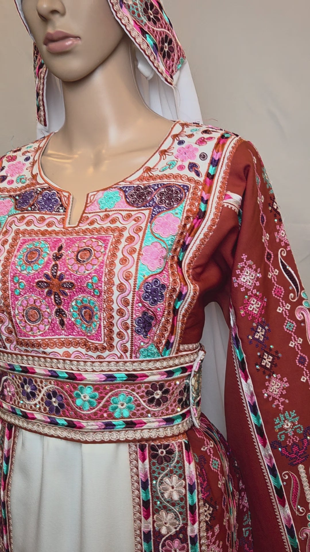 The Lujian Thobe - Luxurious | Orange With Pink & White | Palestinian Tatreez Thobe/Dress