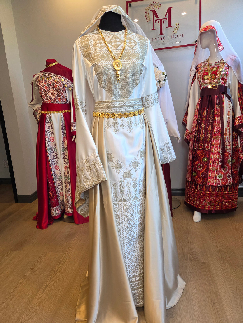 The Leen Thobe - Luxurious | Golden & White | Palestinian Tatreez Thobe/Dress