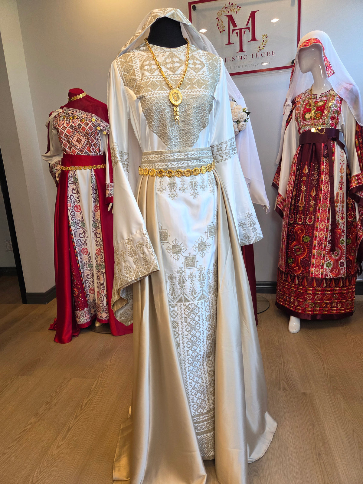 The Leen Thobe - Luxurious | Golden & White | Palestinian Tatreez Thobe/Dress