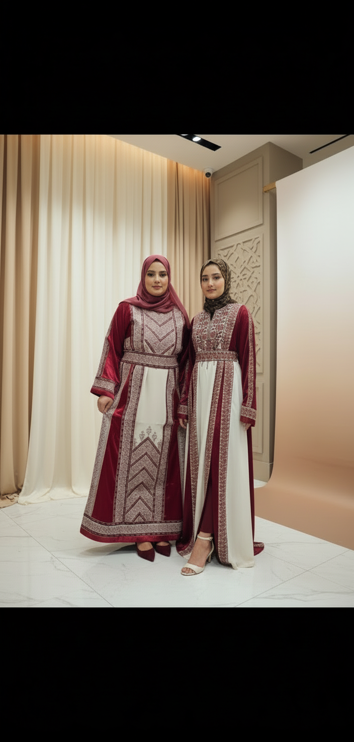 The Nabuls Thobe - Burgundy and Beige Traditional Full Tatreez Back and Front Thobe