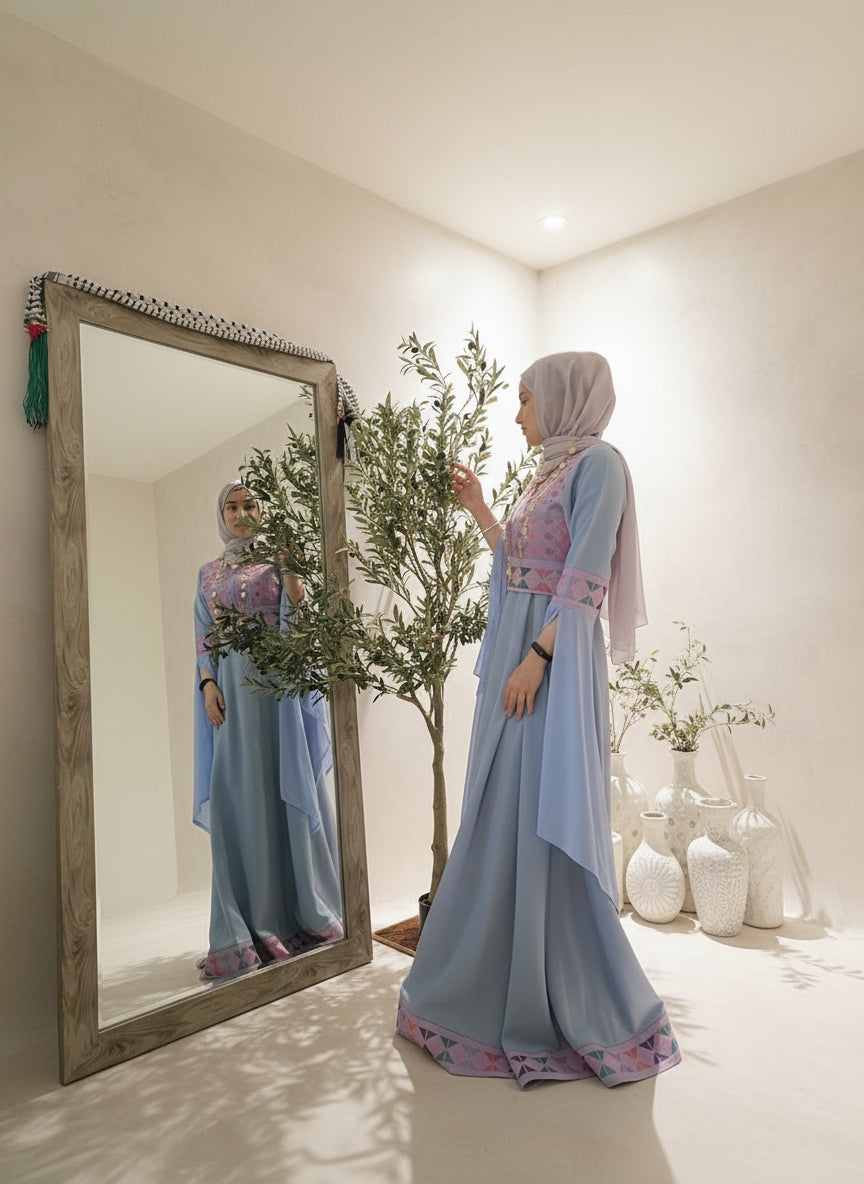 The Sara Thobe - Blue with Pink Tatreez With Extra Long Sleeve Modern Dress Thobe