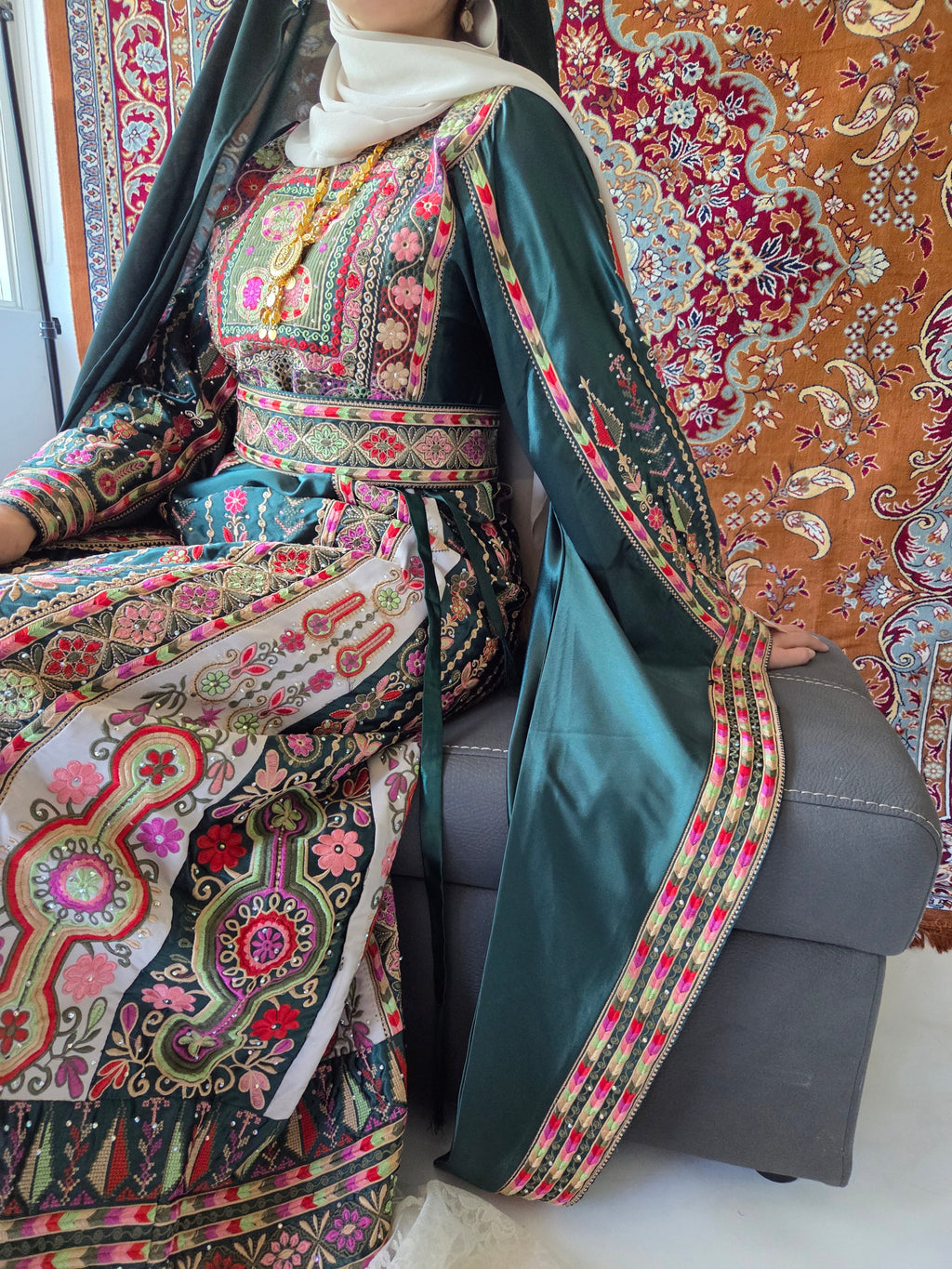 The Celine Thobe - Palestinian Embroidered  Emerald Thobe , Belt & Extra Long Sleeves | Traditional Tatreez Dress (No head Veil)