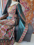The Celine Thobe - Palestinian Embroidered  Emerald Thobe , Belt & Extra Long Sleeves | Traditional Tatreez Dress (No head Veil)