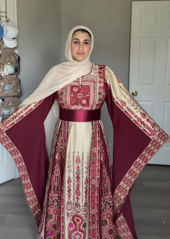The Celine Thobe - Majestic | Burgundy & Beige | Palestinian Tatreez Thobe/Dress