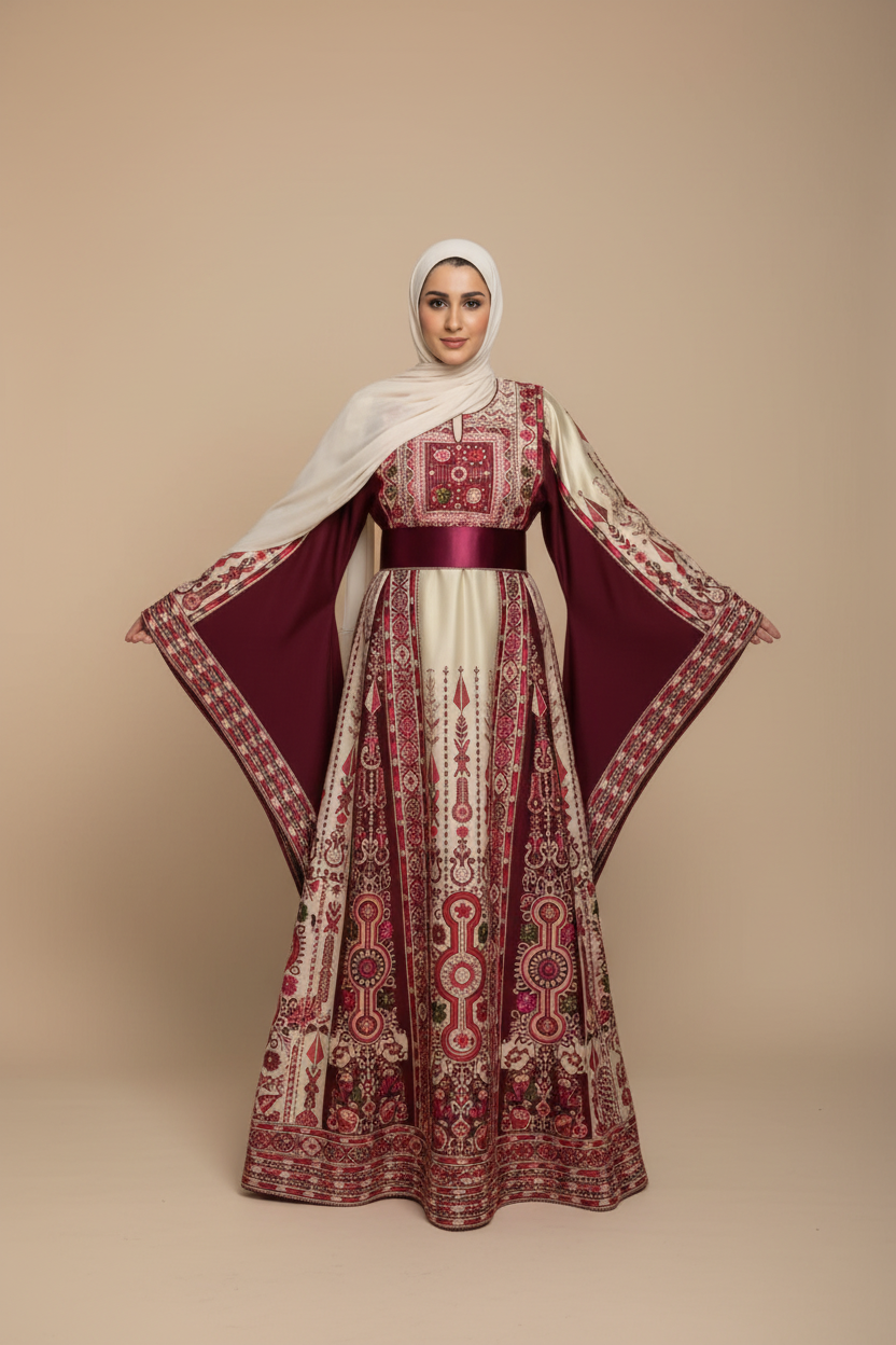 The Celine Thobe - Majestic | Burgundy & Beige | Palestinian Tatreez Thobe/Dress