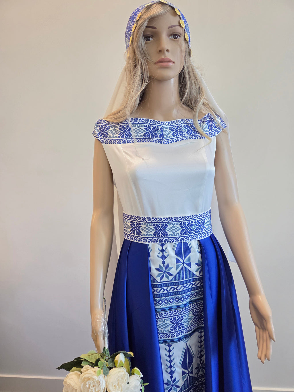 The Yaffa Thobe - Henna Blue and White Tatreez Bridal Sleeveless Long Train Thobe dress