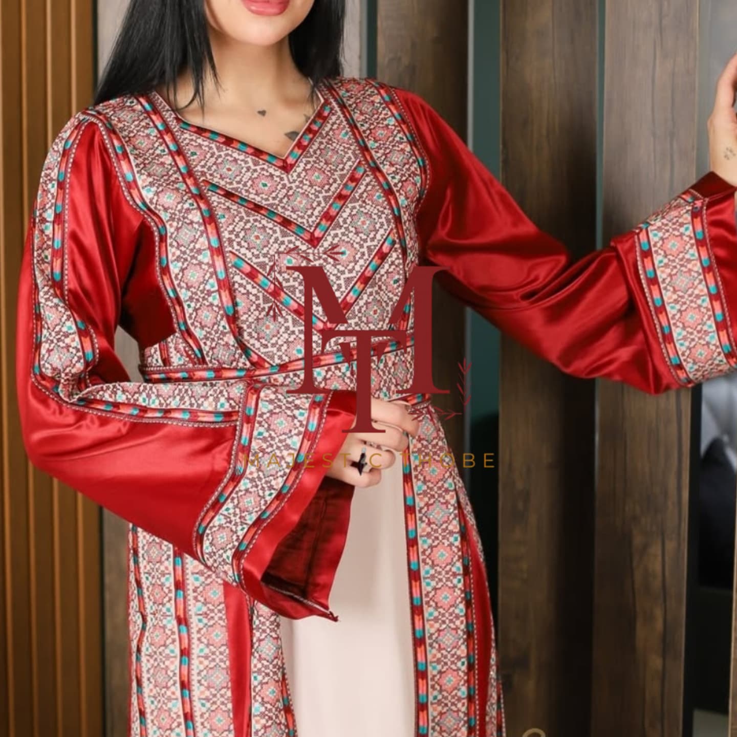 The Nabuls Thobe - Burgundy and Beige Traditional Full Tatreez Back and Front Thobe