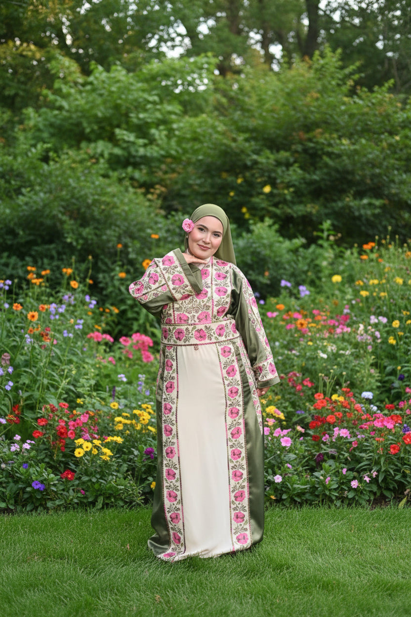 The Warda Thobe - Green & Pink Traditional Full Tatreez Back and Front With Satin Thobe