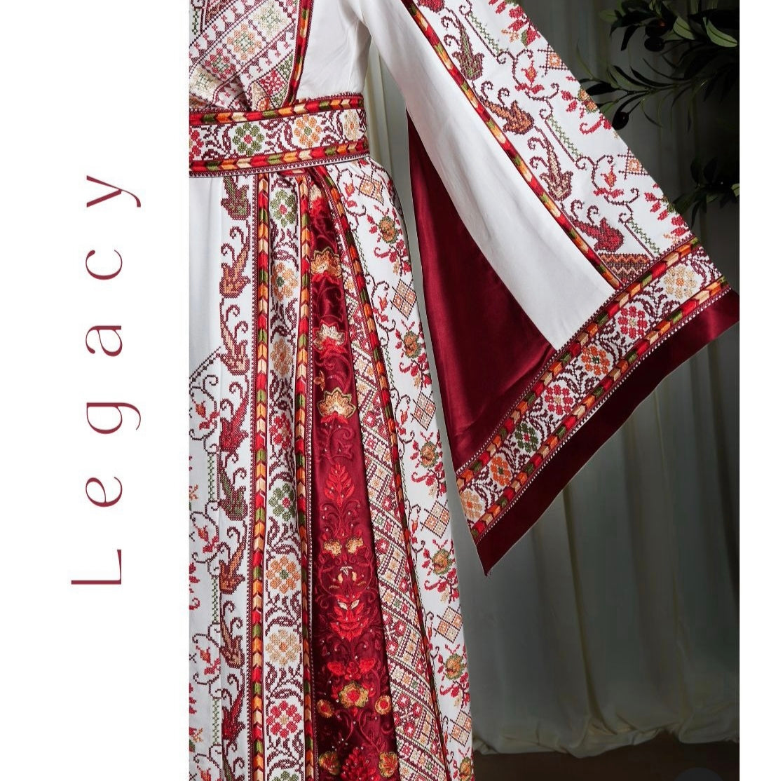 The Lamees Thobe - Bridal White and Burgundy Traditional Full tatreez Back and Front Thobe With Matching Head Veil