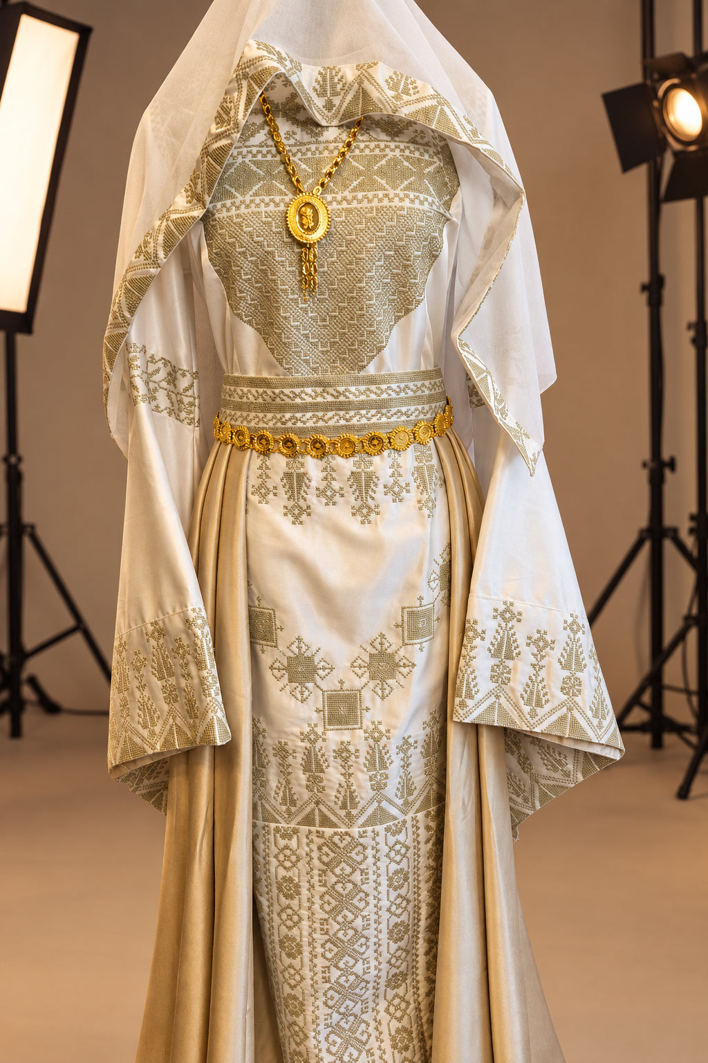 The Leen Thobe - Luxurious | Golden & White | Palestinian Tatreez Thobe/Dress