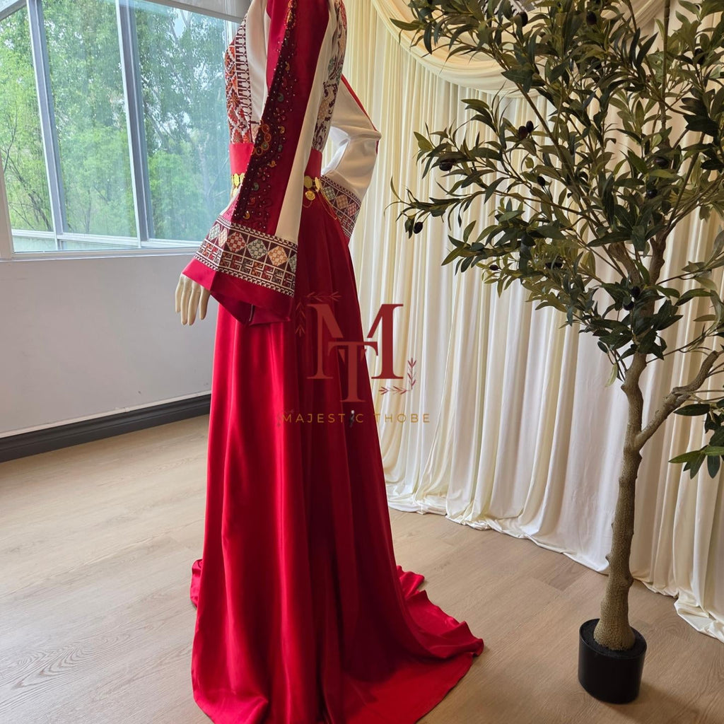 The Nisma Thobe - Bridal White and Red Traditional Full tatreez Back and Front Thobe With Matching Head Veil