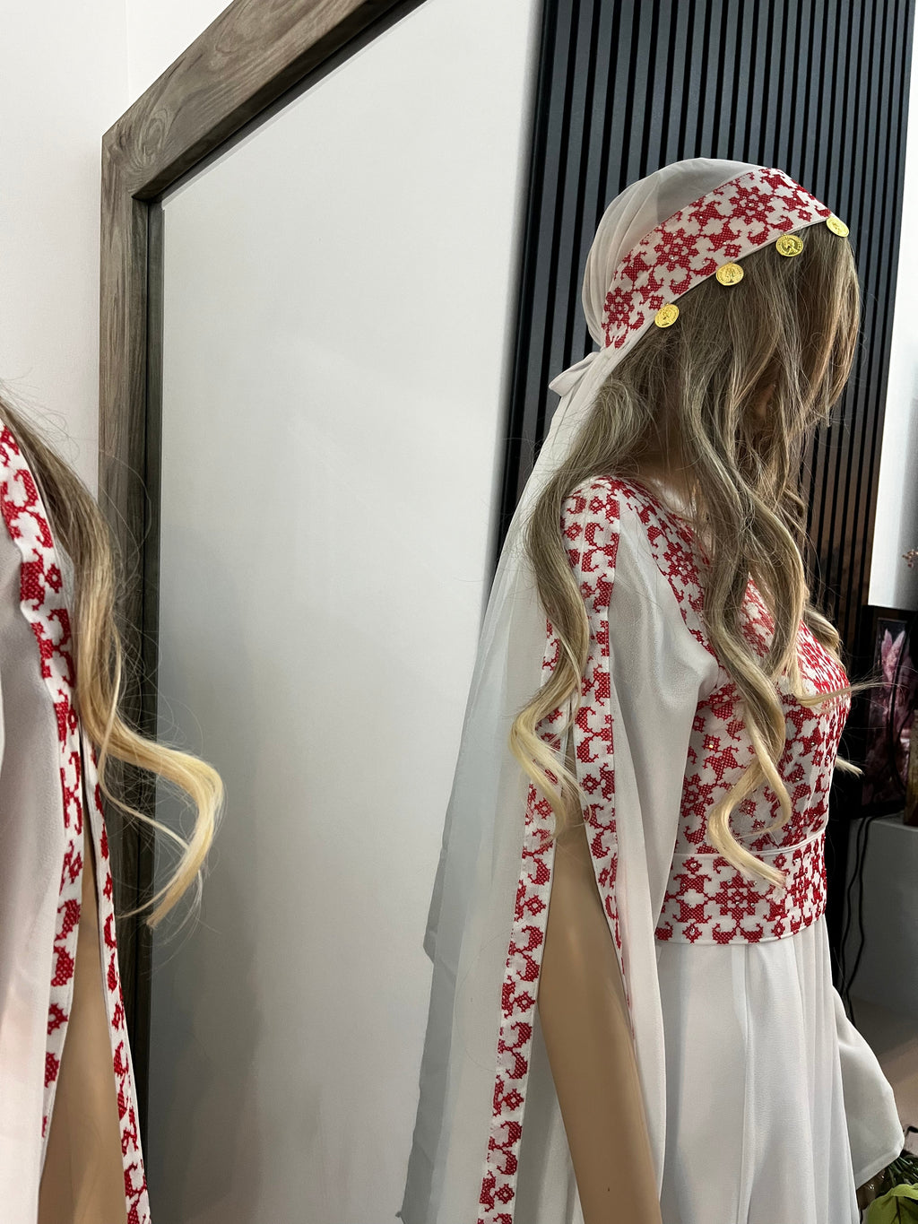 Bridal Embroidered Head Veil with coins  (Red & Blue)
