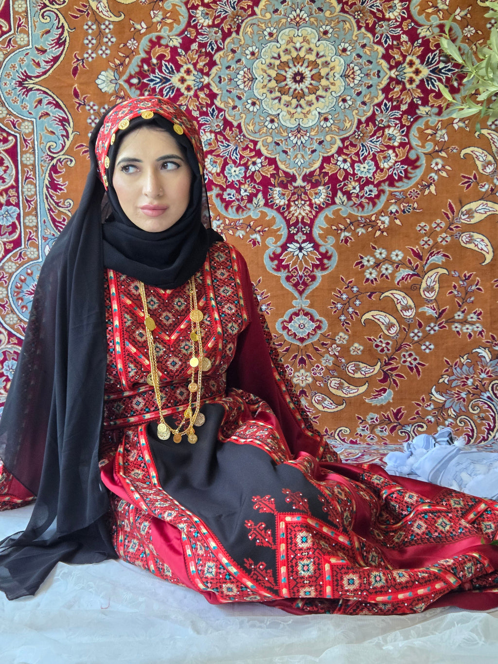 Nabuls Thobe - Black and Red Traditional Full Tatreez Back and Front Thobe