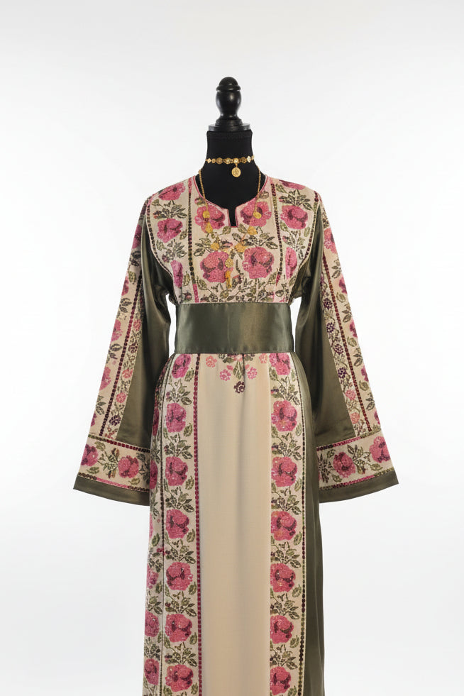 The Warda Thobe - Green & Pink Traditional Full Tatreez Back and Front With Satin Thobe