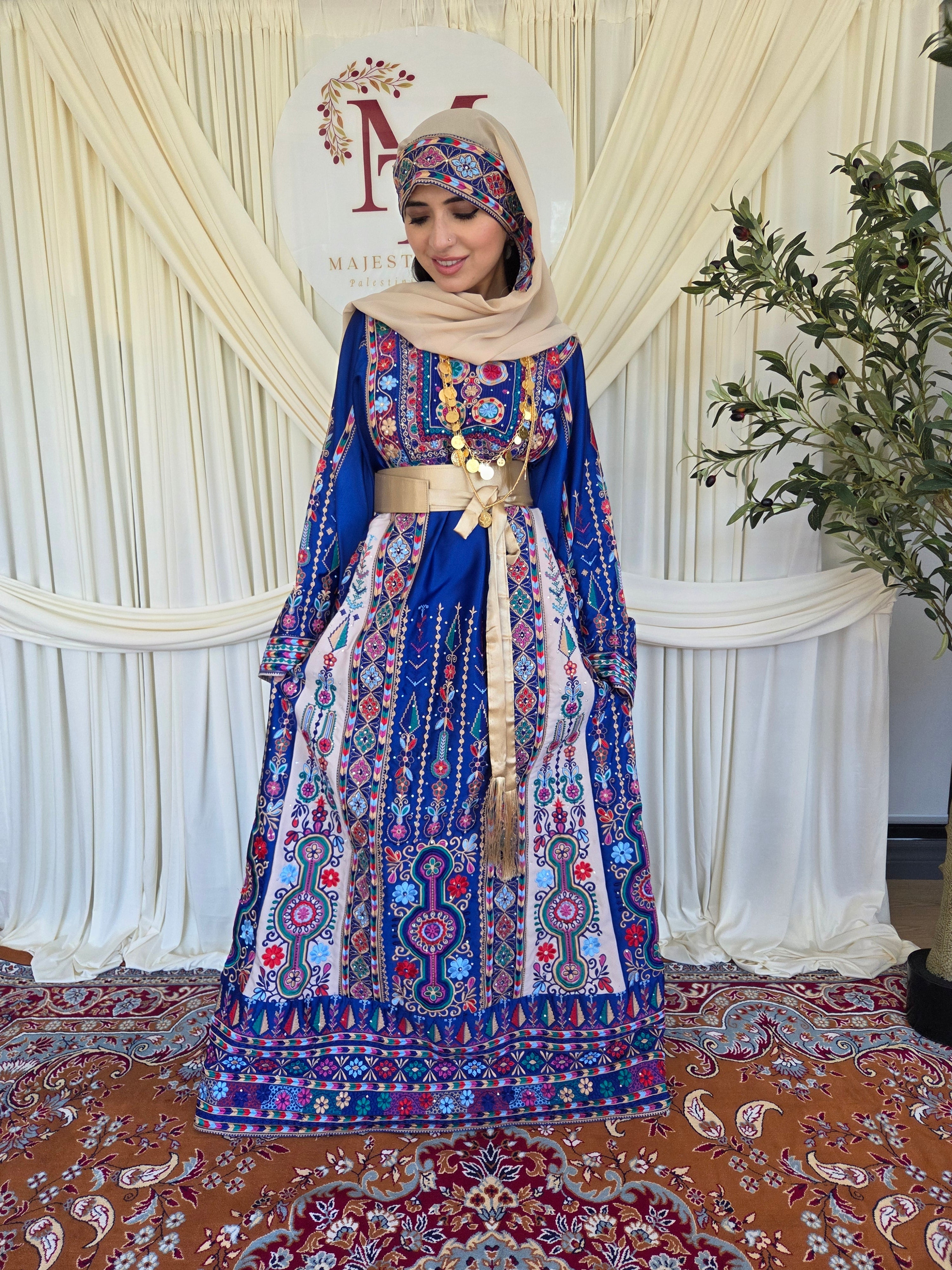 The Celine Thobe - Palestinian Embroidered Blue & Golden Thobe with Matching Head Veil, Belt & Extra Long Sleeves | Traditional Tatreez Dress