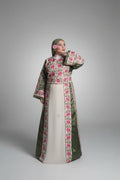 The Warda Thobe - Green & Pink Traditional Full Tatreez Back and Front With Satin Thobe