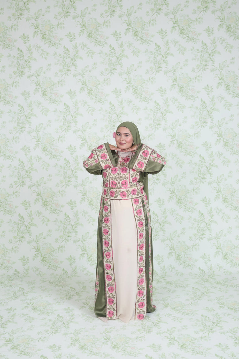 The Warda Thobe - Green & Pink Traditional Full Tatreez Back and Front With Satin Thobe