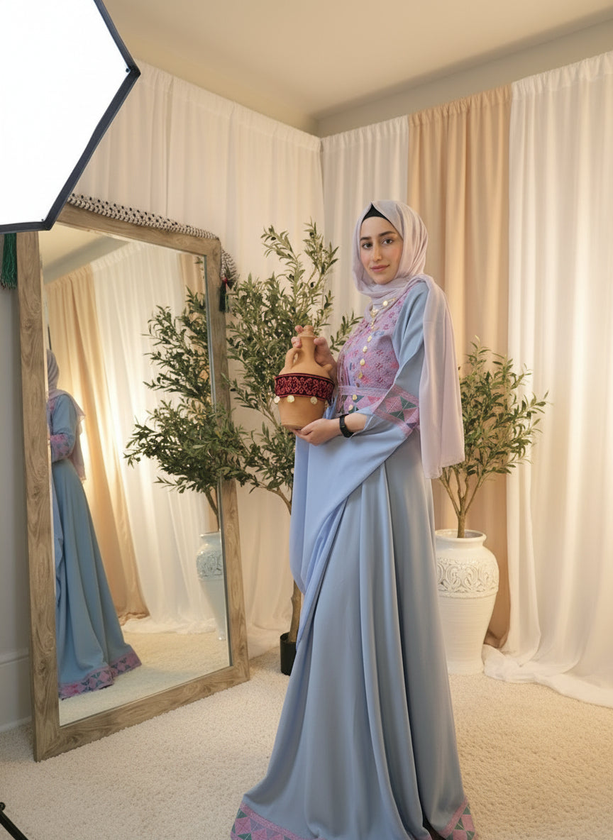 The Sara Thobe - Blue with Pink Tatreez With Extra Long Sleeve Modern Dress Thobe