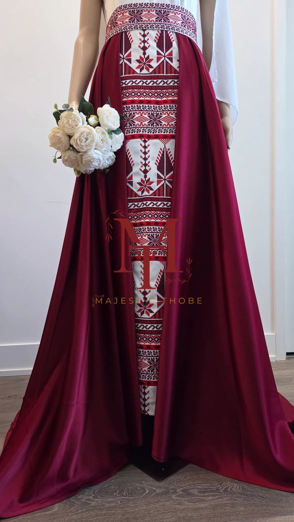 'The Yaffa Thobe - Burgundy and White Bridal sleeveless Off Shoulder Long Train Thobe Dress