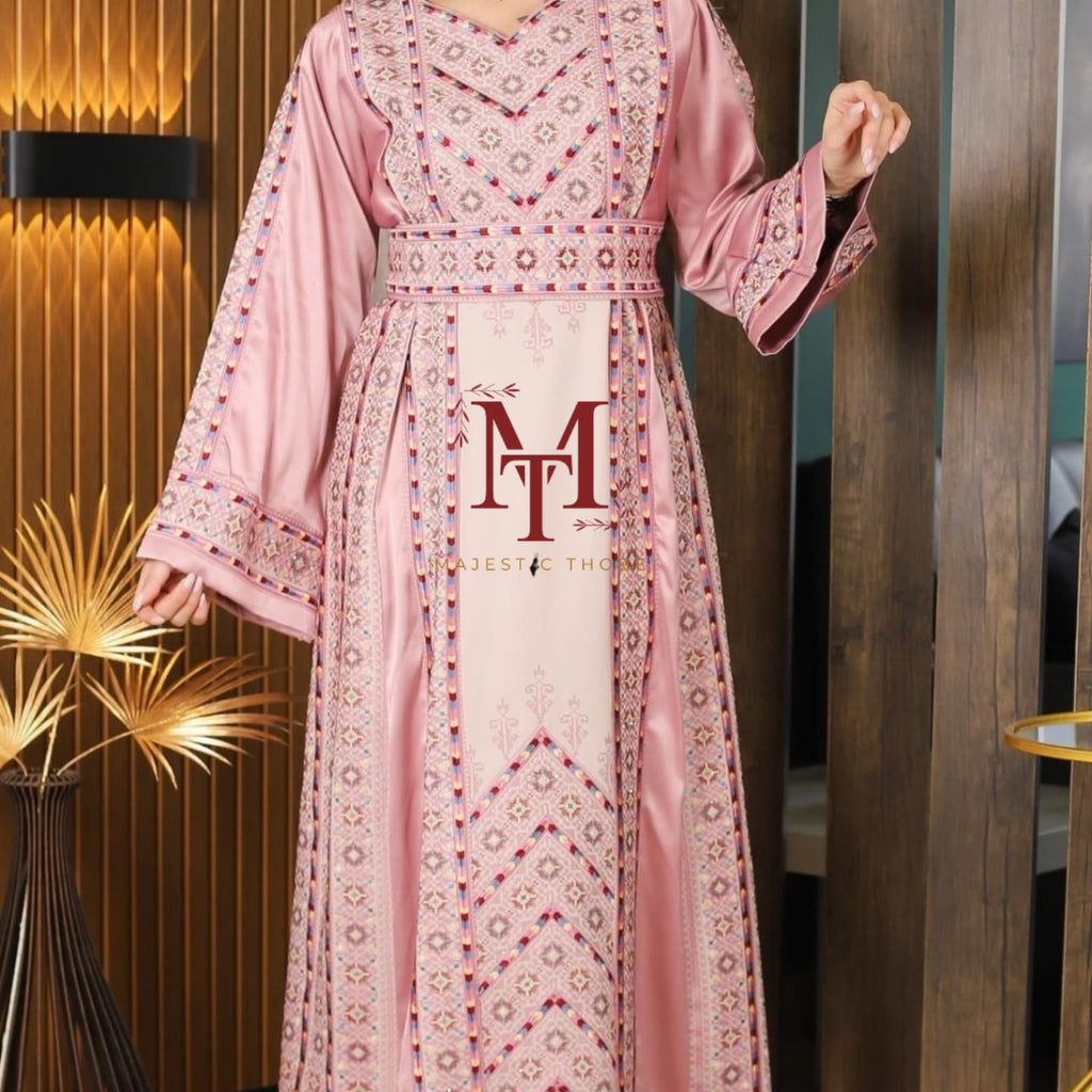 The Nabuls Thobe - Pink and Beige Traditional Full tatreez back and front Thobe (No veil)