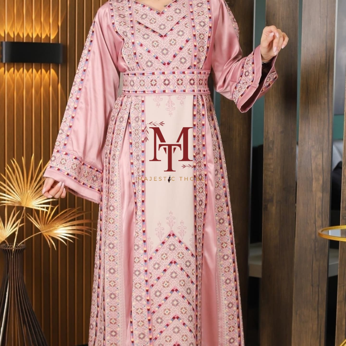 The Nabuls Thobe - Pink and Beige Traditional Full tatreez back and front Thobe (No veil)
