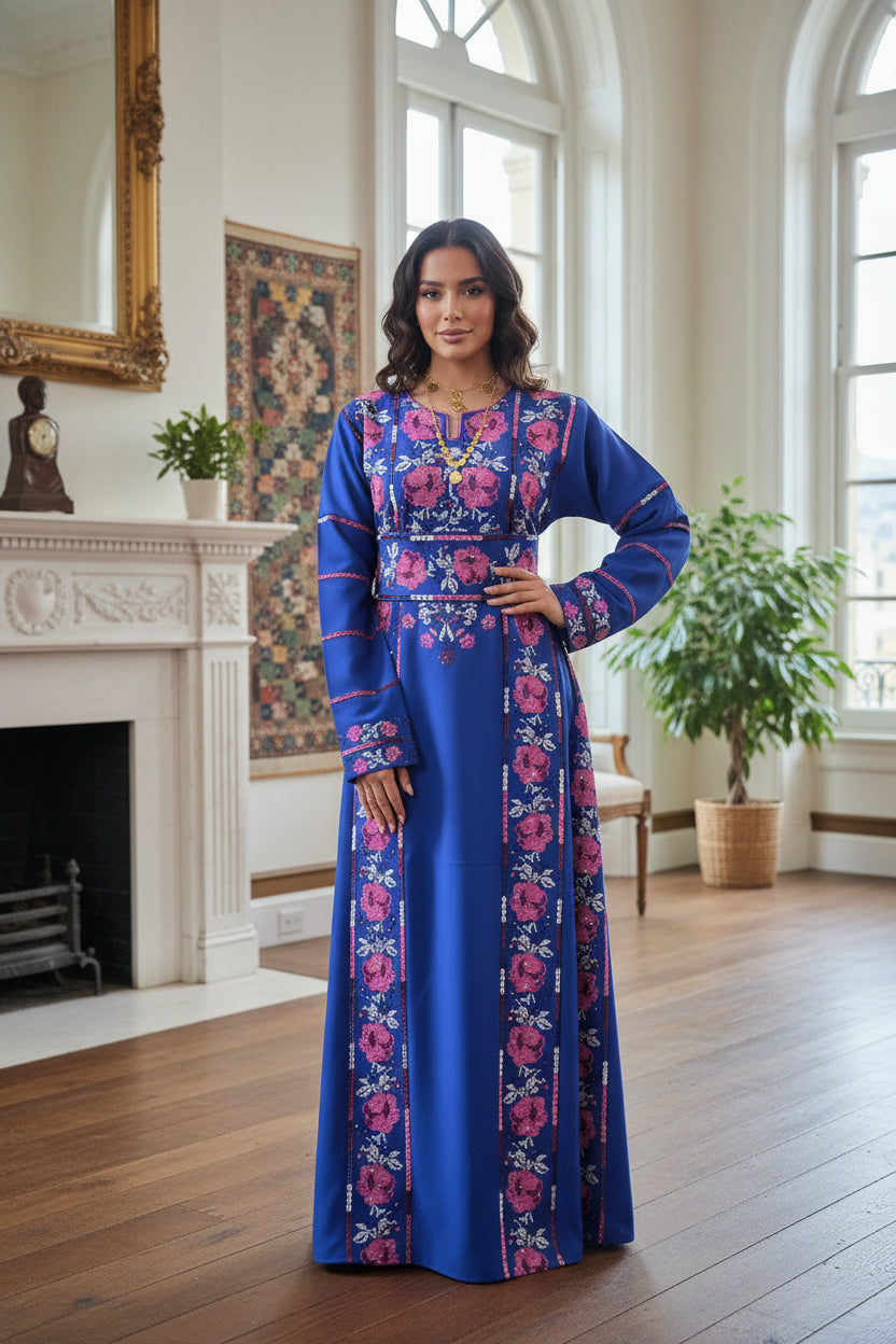 Warda Thobe - Full Blue Traditional Full Tatreez Back and Front With Satin Thobe