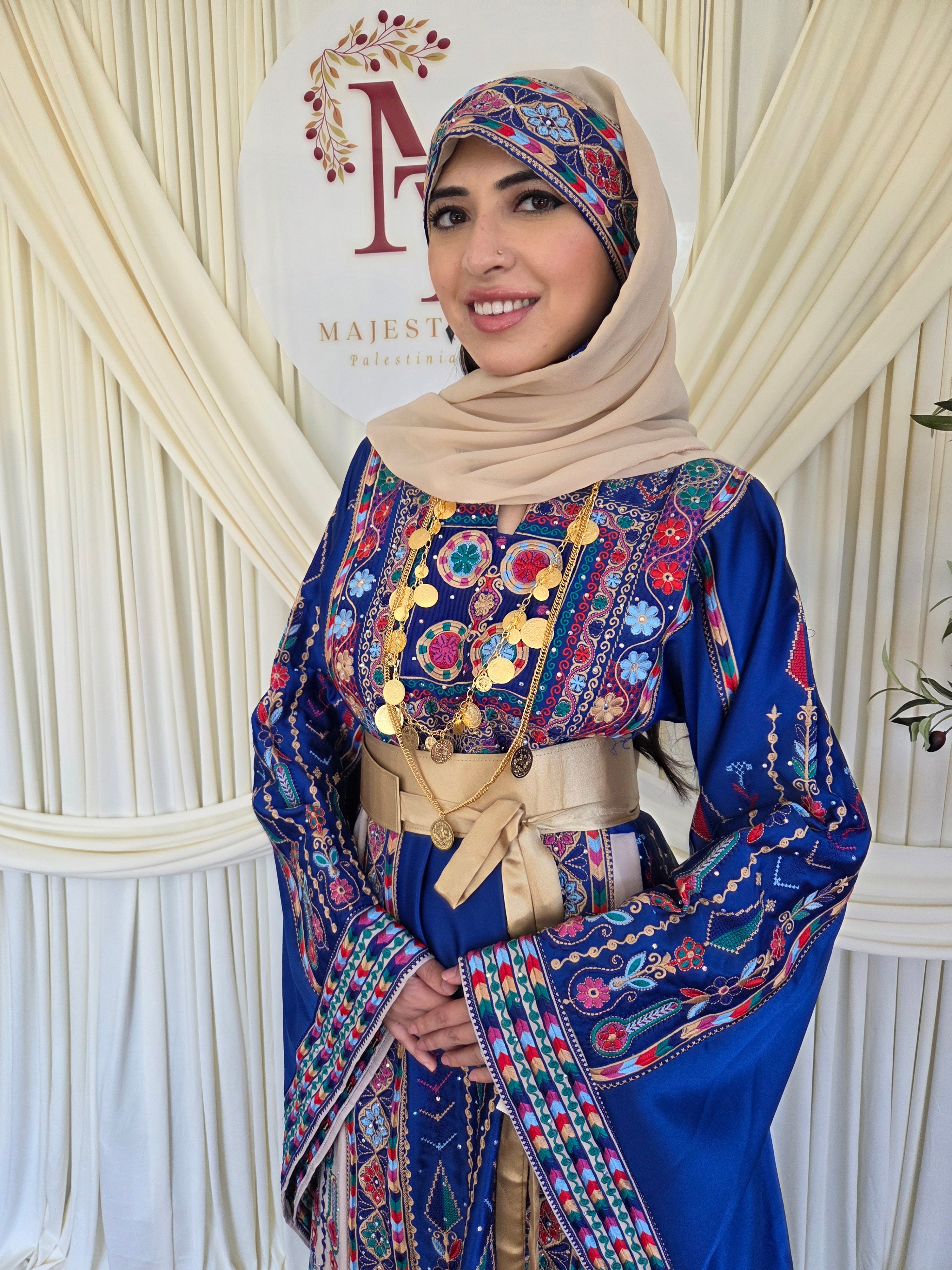 The Celine Thobe - Palestinian Embroidered Blue & Golden Thobe with Matching Head Veil, Belt & Extra Long Sleeves | Traditional Tatreez Dress