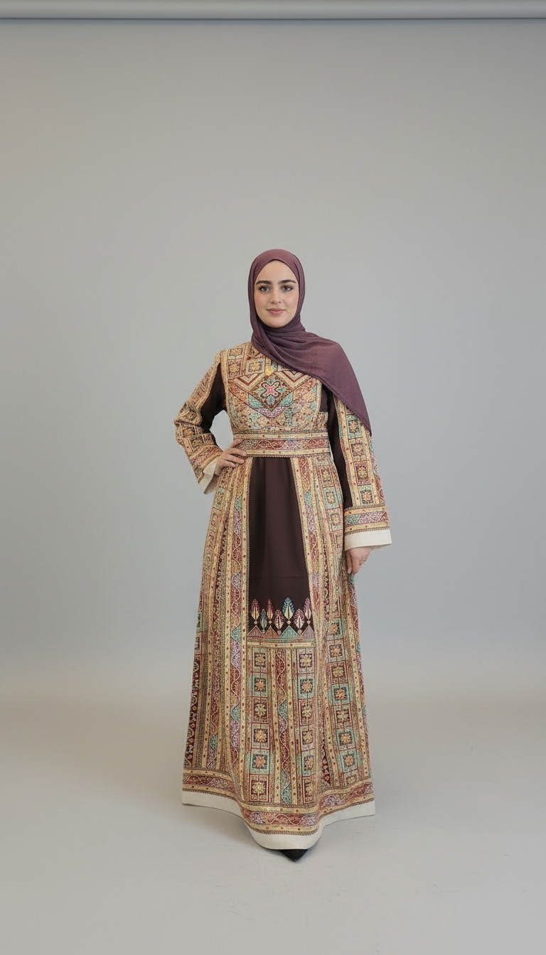 The Shaima Thobe - Brown & Beige Traditional Full Tatreez Back and Front Thobe With Matching head Veil