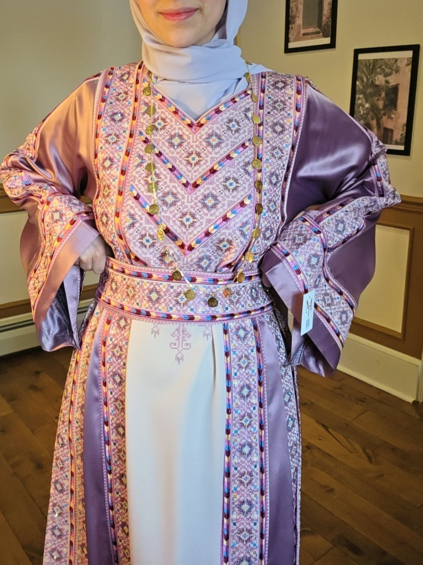 The Nabuls Thobe - Lilac and Beige Traditional Full Tatreez Thobe ( No veil)
