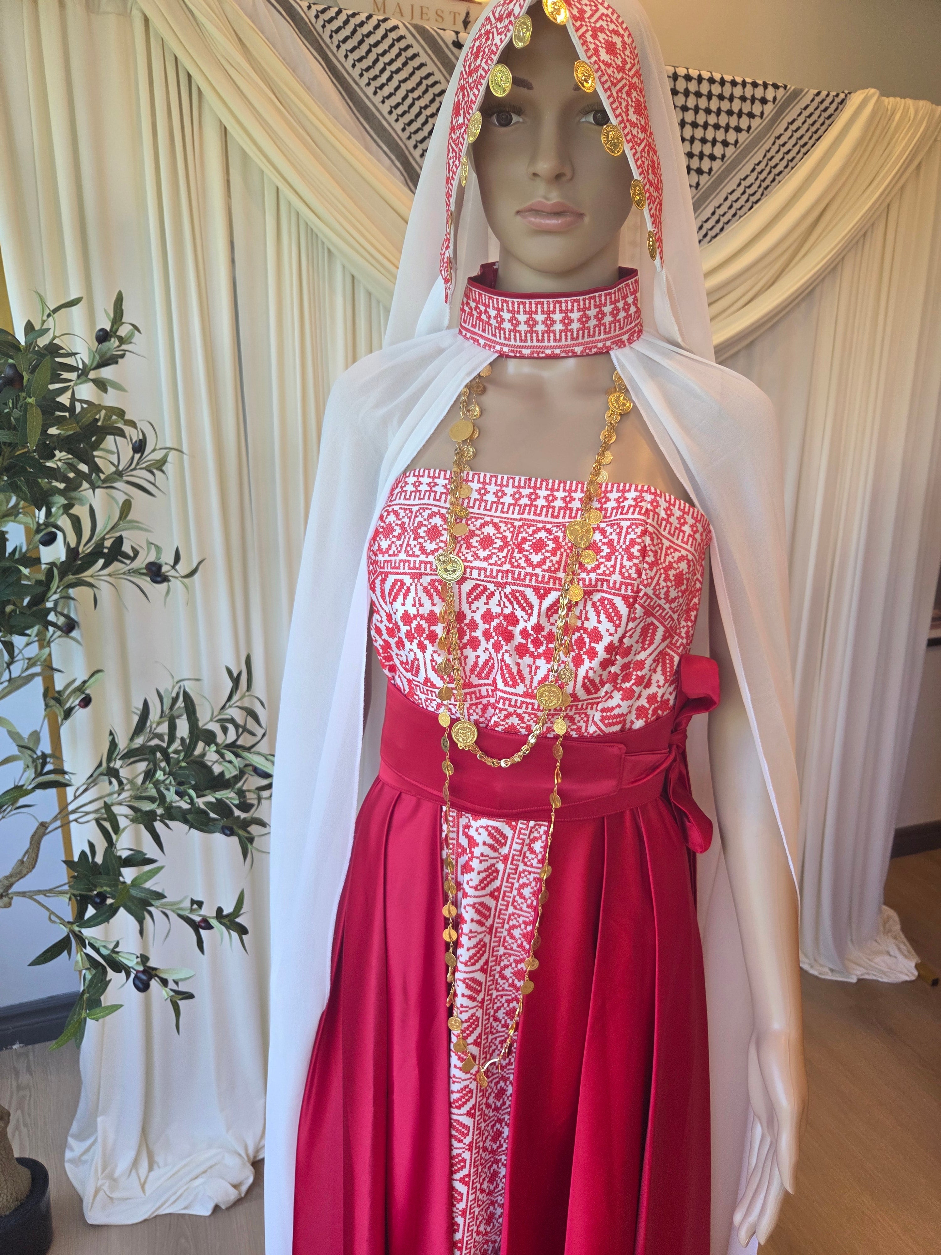 The Rafah - Red & White Modern Strapless Full Tatreez Thobe ( 4 Pieces)